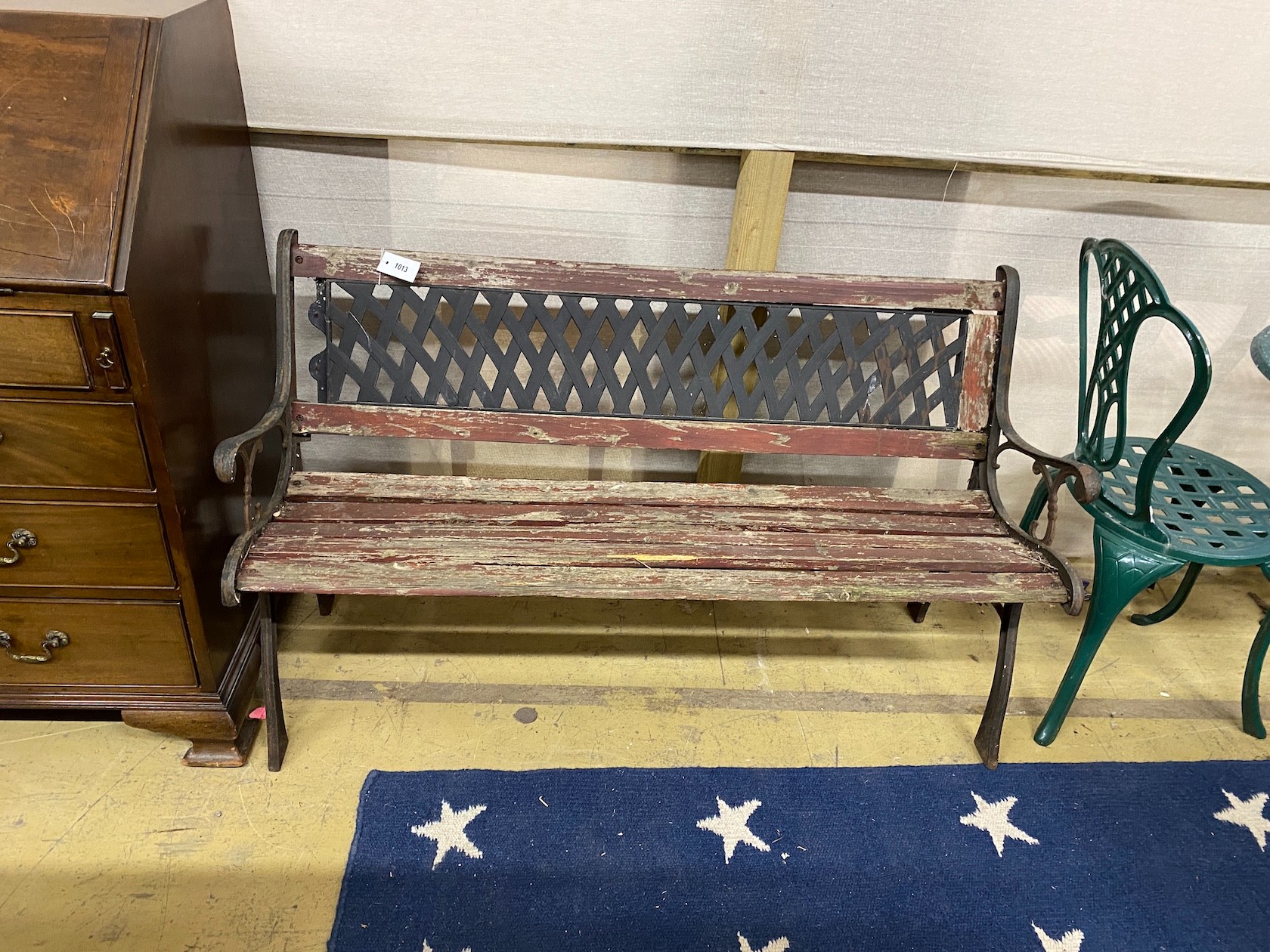 An aluminium and painted wood garden bench, length 126cm, height 74cm